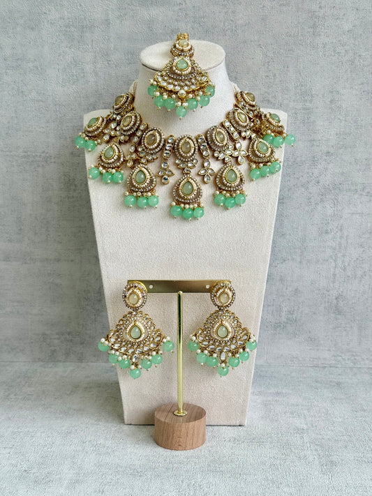 Ayura Designs Janvi Set with Necklace, Earrings & Tikka – Kundan Detailing, Mint Green Beads & Pearls Drops
