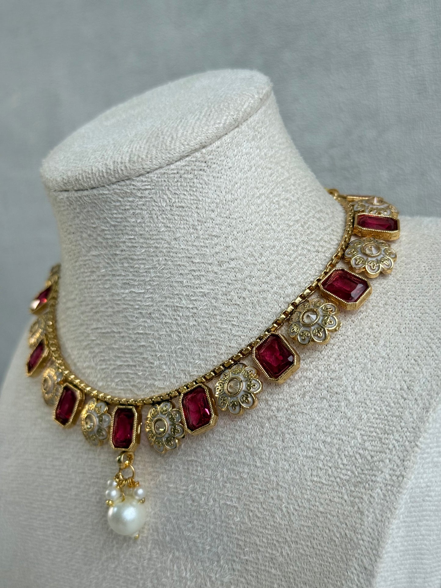 Ayura Designs Padma Necklace Set with Earrings – Rani Pink Stones with Pearl Drop Detailing