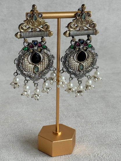 Ayura Designs Taali Earrings – Dual Tone Oxidised Statement Earrings with Multicolour Stones & Pearl Clusters