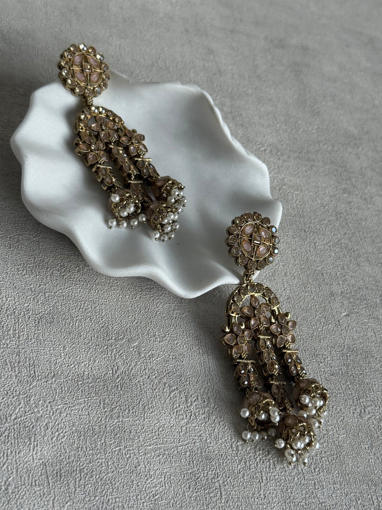 Ayura Designs Soraya Earrings – Blush Pink Stones, Champagne Crystals, Pearl Detailing & Gold Finish