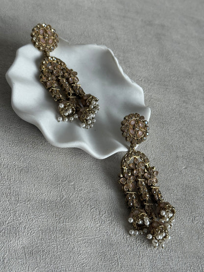 Ayura Designs Soraya Earrings – Blush Pink Stones, Champagne Crystals, Pearl Detailing & Gold Finish