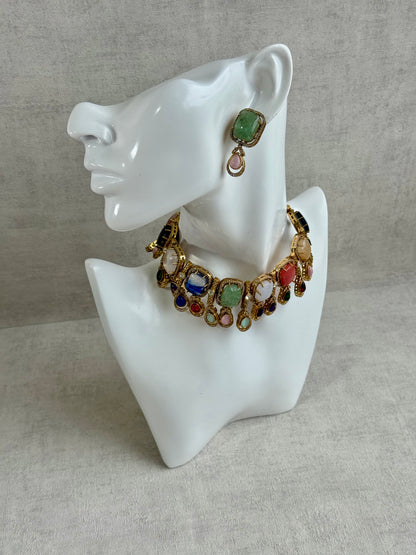 Ayura Designs Adelaide Necklace Set with Earrings – Multicolour Moissanite with Green Stone Drop Earrings