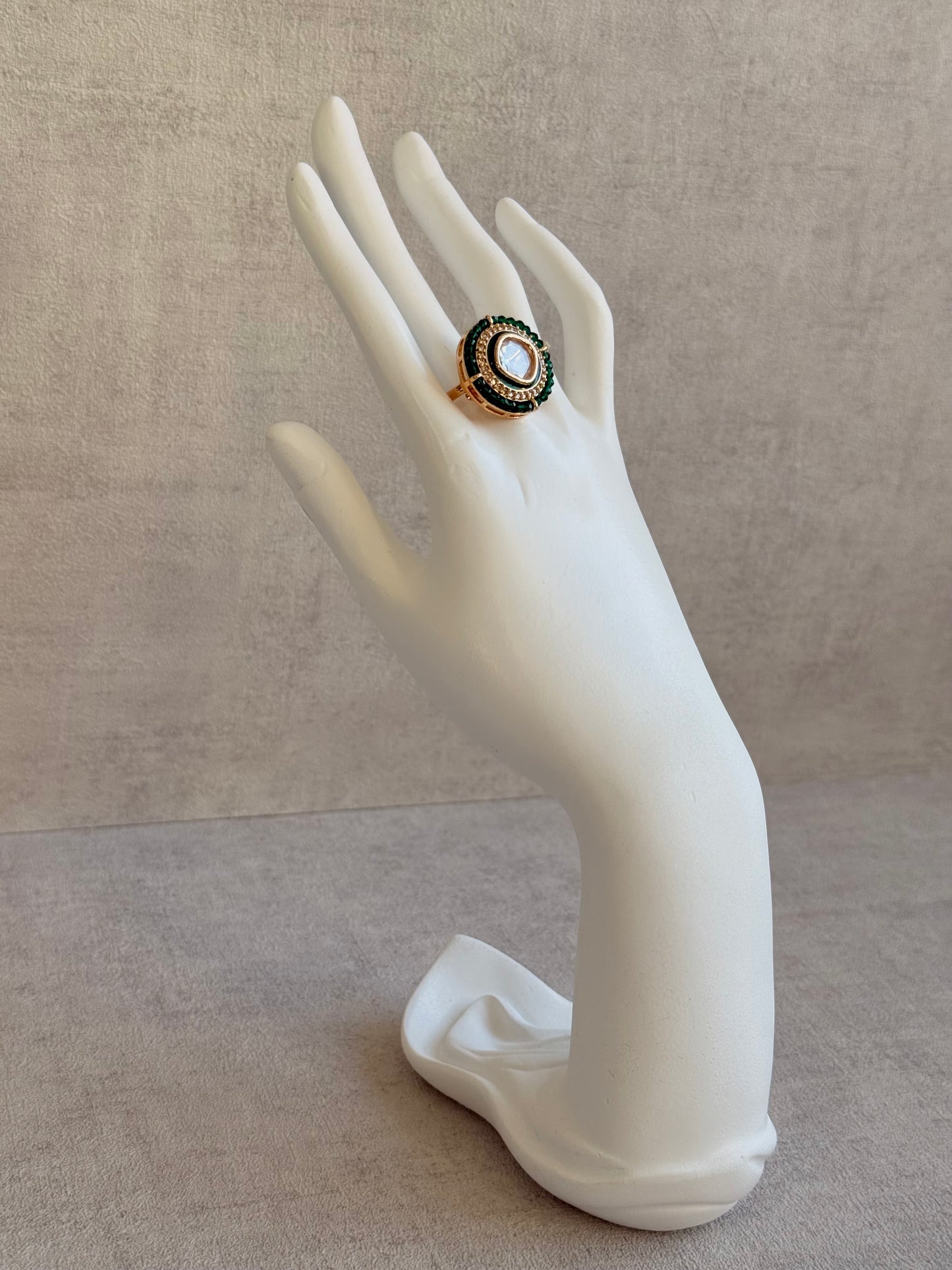 Ayura Designs Roselle Adjustable Ring – Moissanite Centre with Crystal Border & Emerald Green Beads