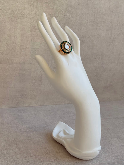 Ayura Designs Roselle Adjustable Ring – Moissanite Centre with Crystal Border & Emerald Green Beads