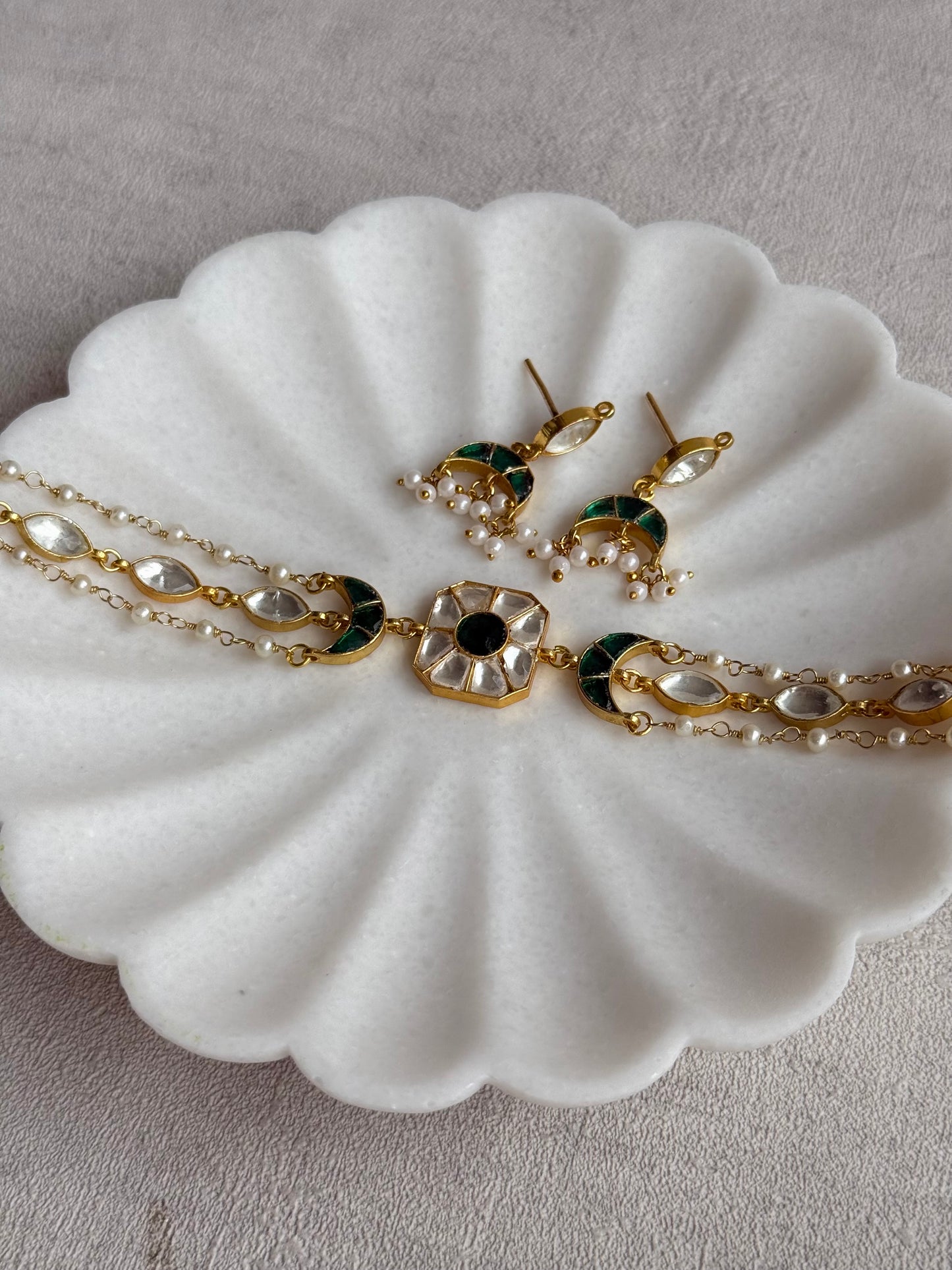 Ayura Designs Mahi Choker Set with Earrings – Meenakari Kundan Emerald Green & Ivory Detailing