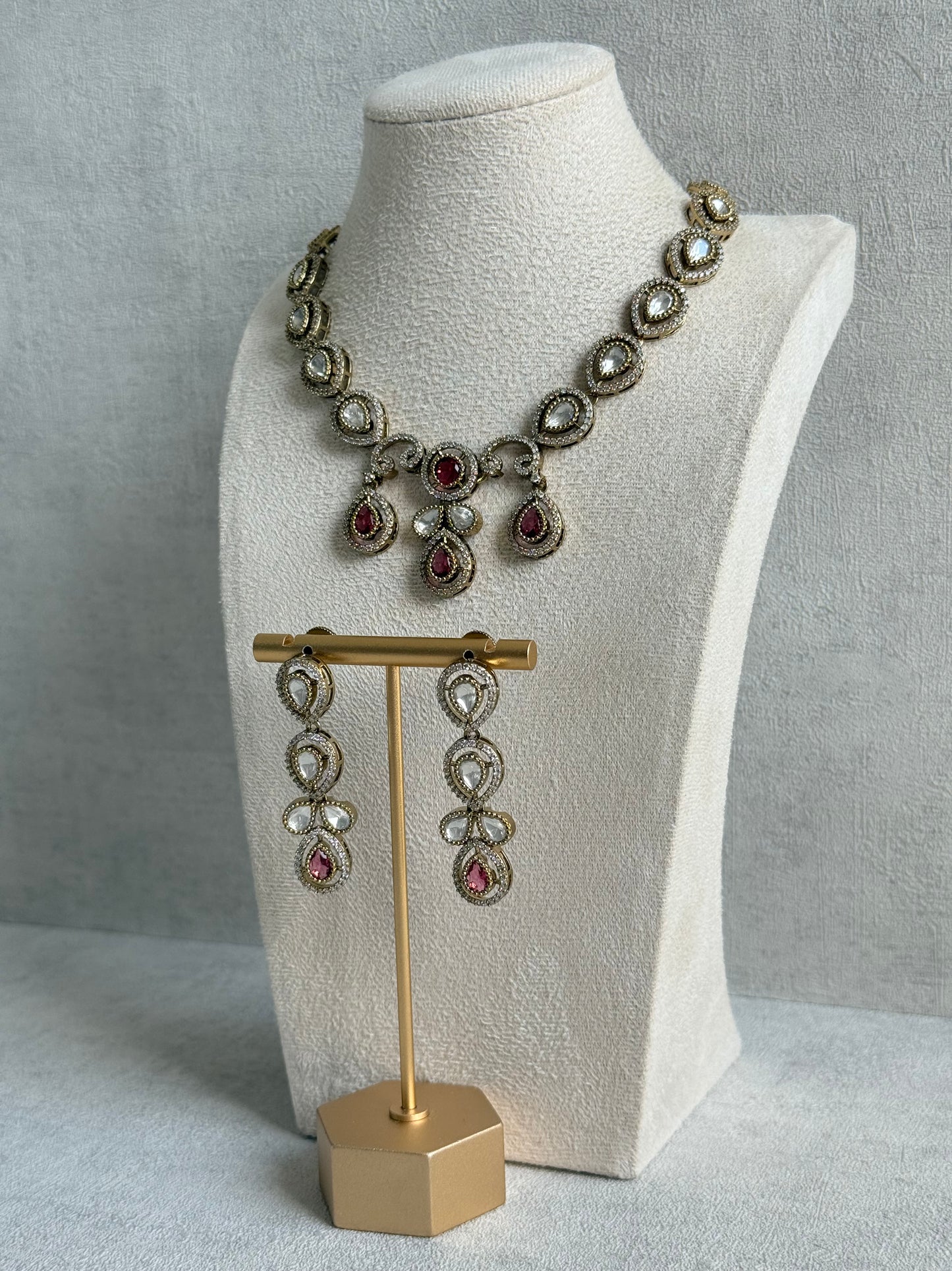 Ayura Designs Bianca Necklace Set with Earrings – Kundan, Ruby Pink Stones, Crystals & Gold Finish