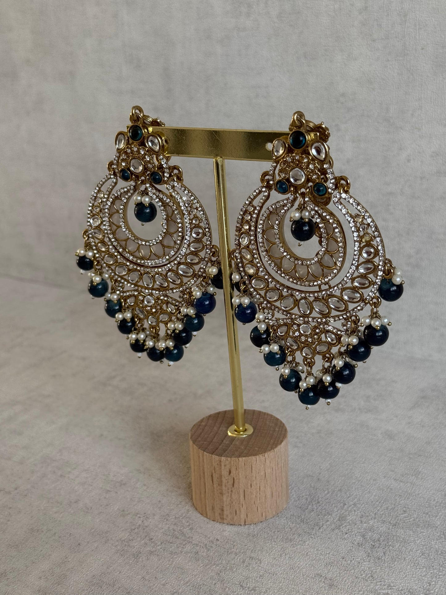Ayura Designs Rabia Chandbalis – Antique Gold Kundan Earrings with Midnight Blue Beads, Pearls & Attached Sahare