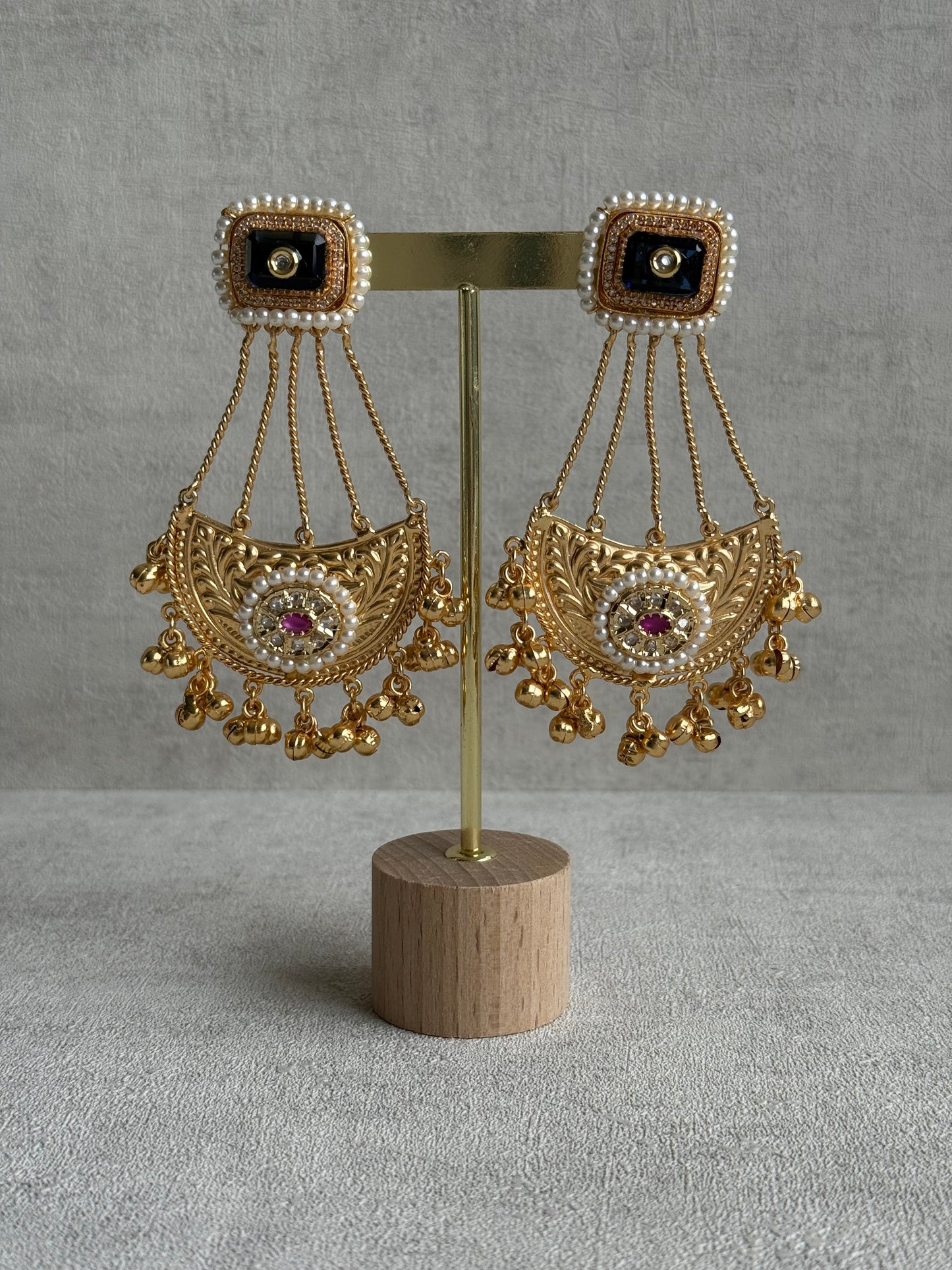 Ayura Designs Jheel Earrings – Navy Half-Moon Drops with Pearl Edging & Golden Ghungroos