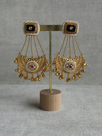 Ayura Designs Jheel Earrings – Navy Half-Moon Drops with Pearl Edging & Golden Ghungroos