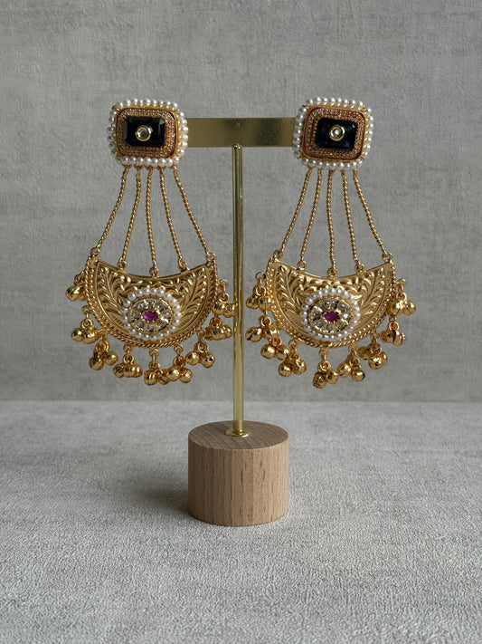 Ayura Designs Jheel Earrings – Navy Half-Moon Drops with Pearl Edging & Golden Ghungroos