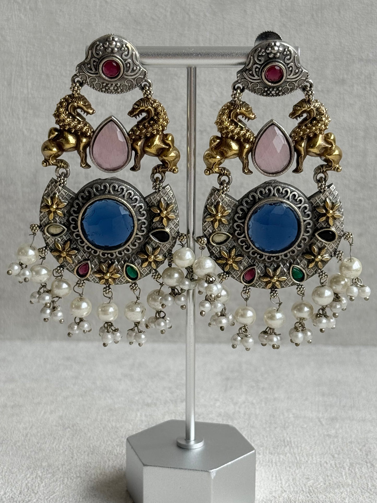 Ayura Designs Aangan Earrings – Dual Tone Oxidised Statement Earrings with Multicolour Stones & Pearl Clusters