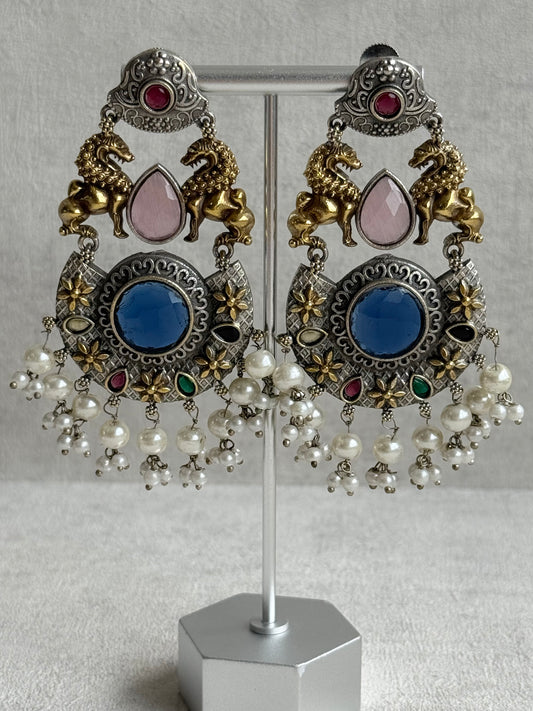Ayura Designs Aangan Earrings – Dual Tone Oxidised Statement Earrings with Multicolour Stones & Pearl Clusters