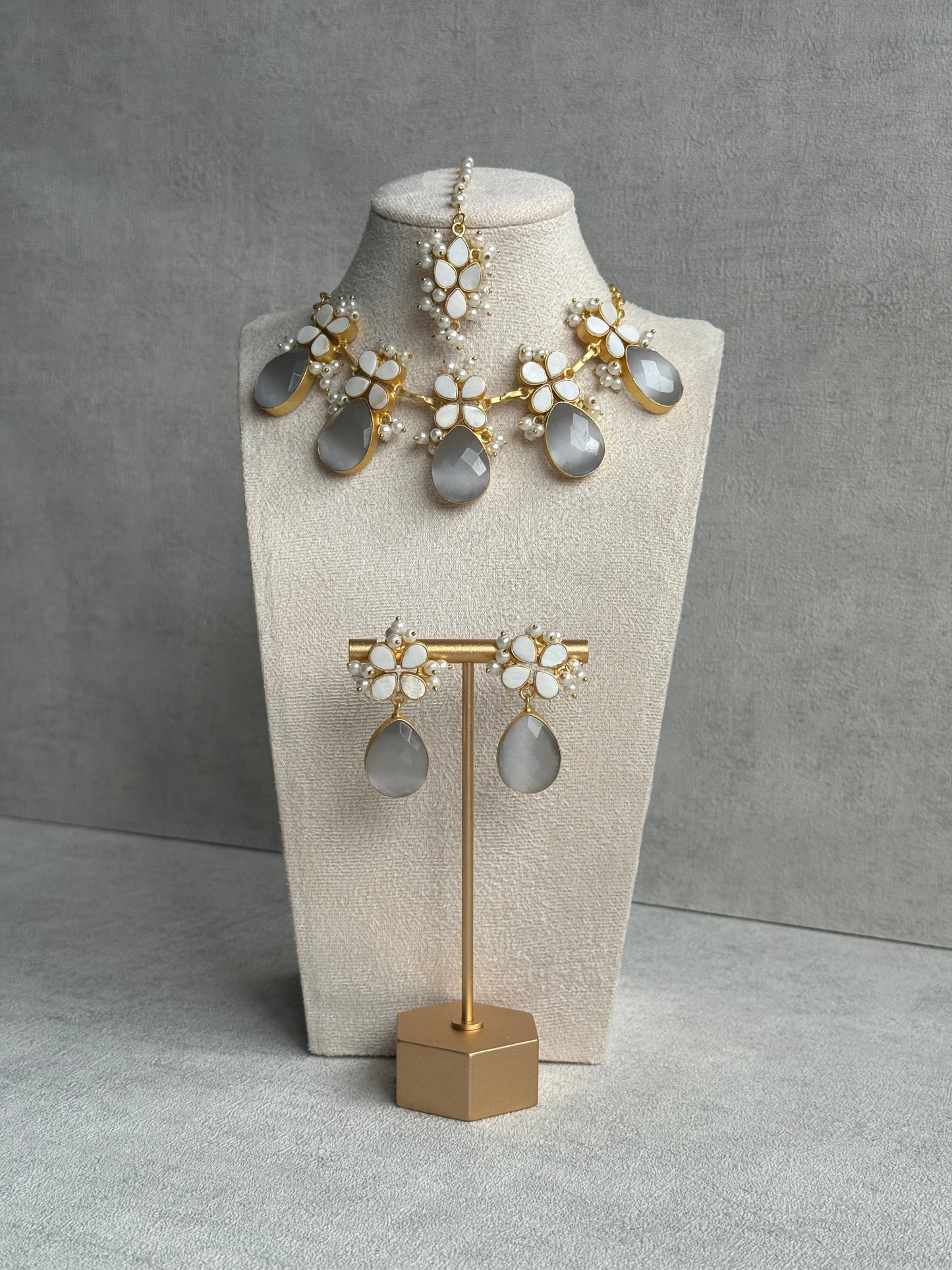 Ayura Designs Arianell Set with Necklace, Earrings & Tikka – Moonstone Grey Drops, Floral Motifs & Pearls