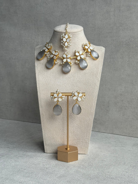 Ayura Designs Arianell Set with Necklace, Earrings & Tikka – Moonstone Grey Drops, Floral Motifs & Pearls