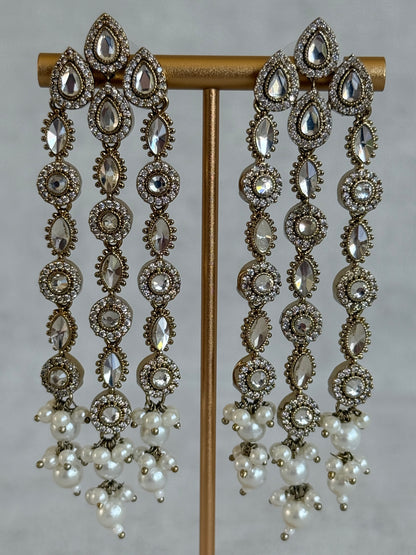 Ayura Designs Emilia Earrings – Gold Triple Strand Statement Earrings with Crystal Stones & Pearl Drops