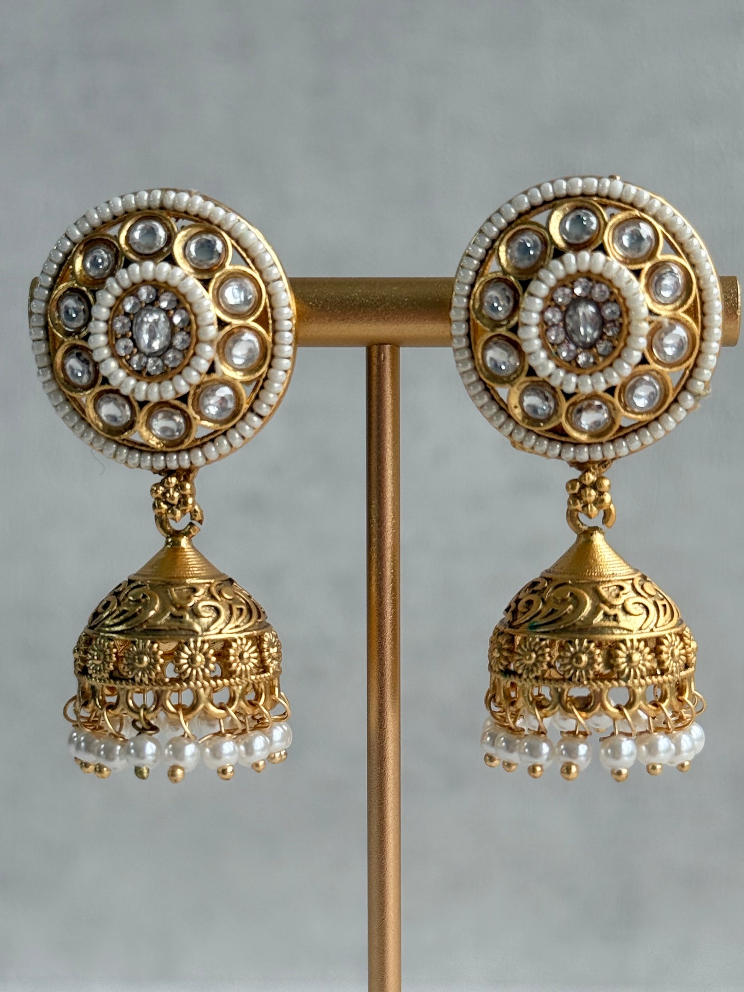 Ayura Designs Tabani Necklace Set with Jhumki Earrings – Kundan Medallion Design, Ivory Pearls & Antique Gold Finish