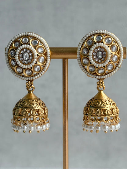 Ayura Designs Tabani Necklace Set with Jhumki Earrings – Kundan Medallion Design, Ivory Pearls & Antique Gold Finish