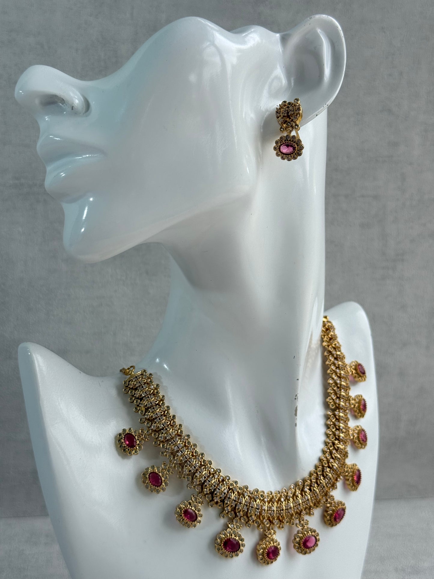 Ayura Designs Elisha Necklace Set with Earrings – Rani Pink & Crystal Stone Detailing