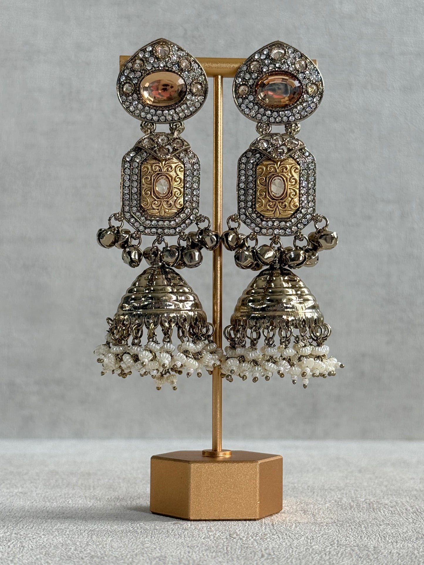 Ayura Designs Maara Jhumkis – Champagne Gold with Champagne Stones, Crystals, Ghungroos & Pearl Detailing