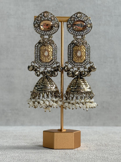 Ayura Designs Maara Jhumkis – Champagne Gold with Champagne Stones, Crystals, Ghungroos & Pearl Detailing
