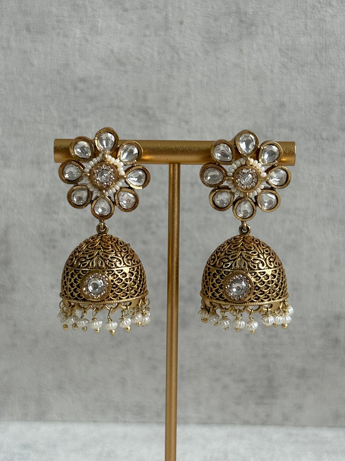 Ayura Designs Tanu Choker Set – Antique Gold Choker & Jhumkis with Kundan, Pearl Borders & Filigree Detailing