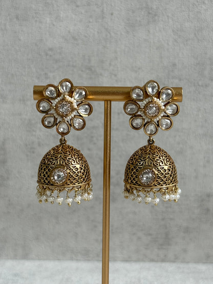 Ayura Designs Tanu Choker Set – Antique Gold Choker & Jhumkis with Kundan, Pearl Borders & Filigree Detailing