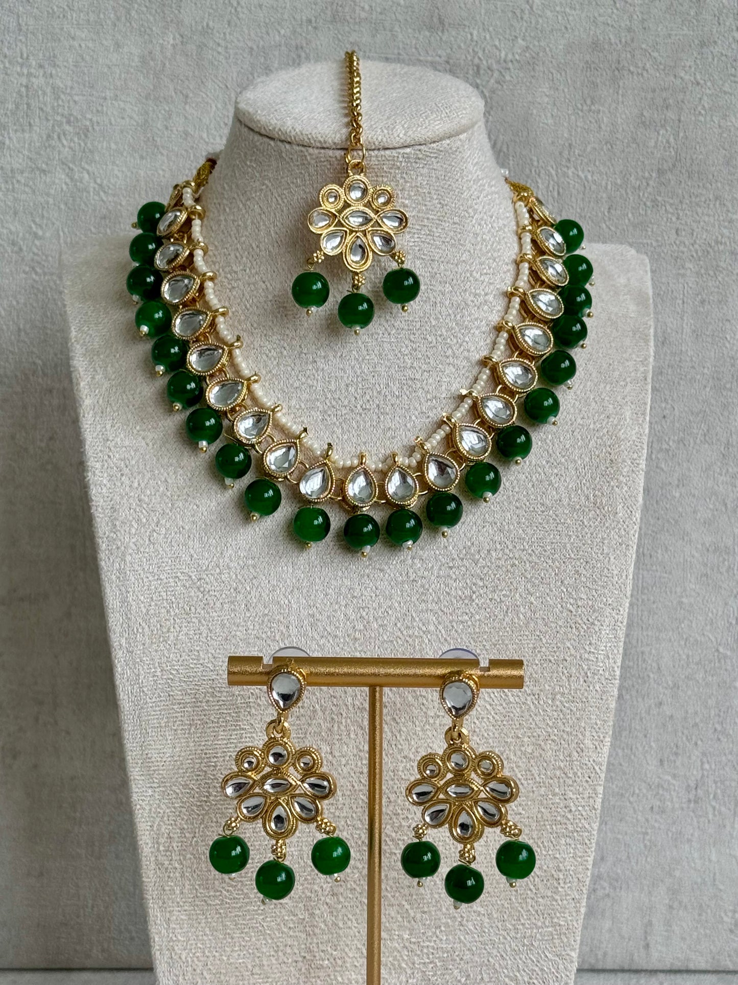 Ayura Designs Dalia Set with Earrings & Tikka – Emerald Green with Kundan & Floral Motifs