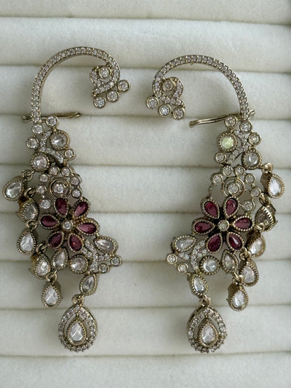 Ayura Designs Aksara Kaanphool Earrings – Rani Pink Stones, Kundan, Crystals & Antique Gold Finish