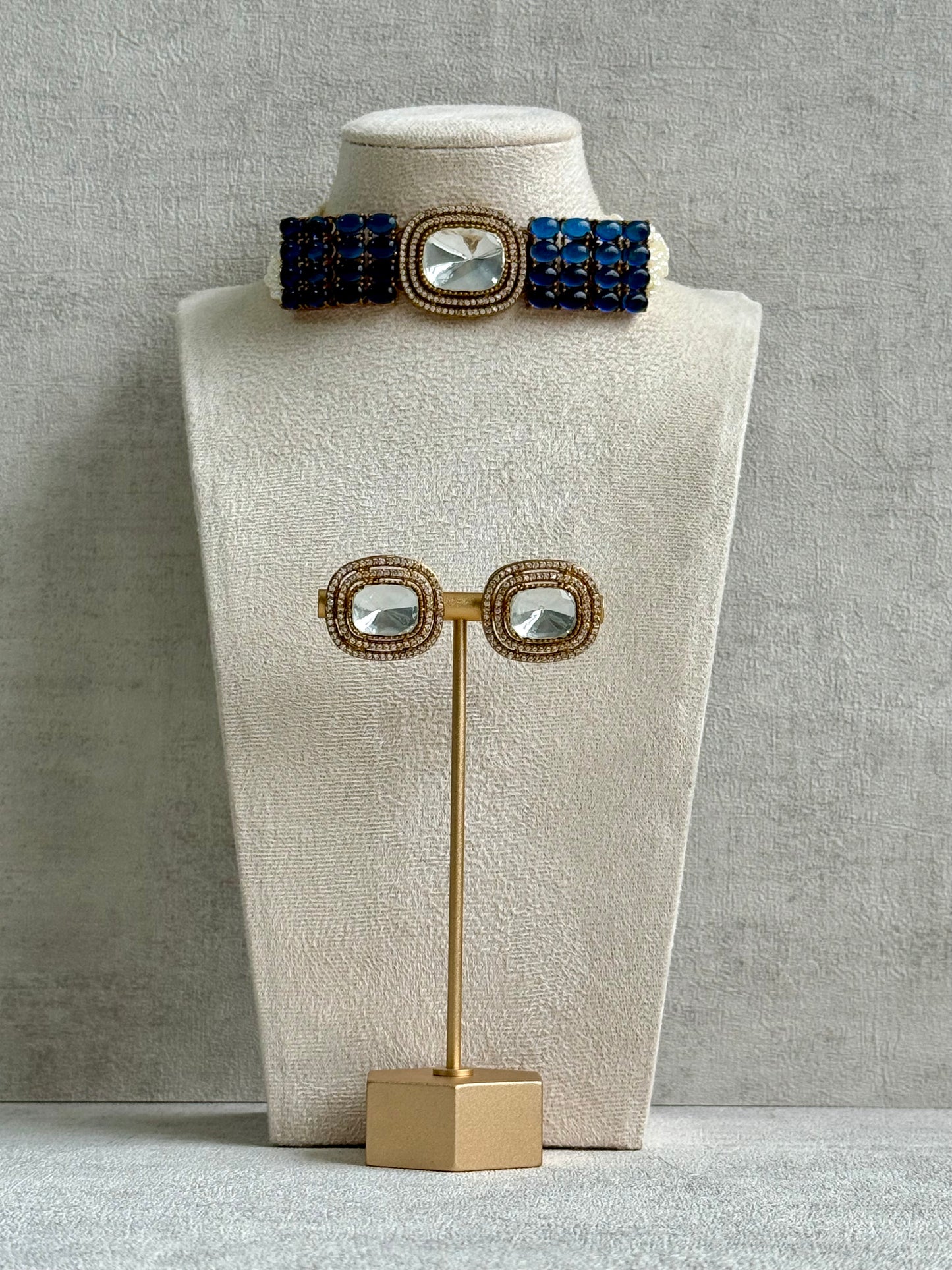Ayura Designs Emma Choker Set – Sapphire Blue Gemstone Choker & Studs with Mirror-Cut Centrepiece, Pearl Strands & Crystal Borders