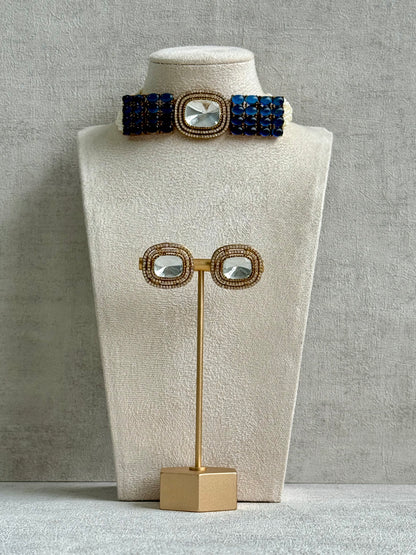 Ayura Designs Emma Choker Set – Sapphire Blue Gemstone Choker & Studs with Mirror-Cut Centrepiece, Pearl Strands & Crystal Borders