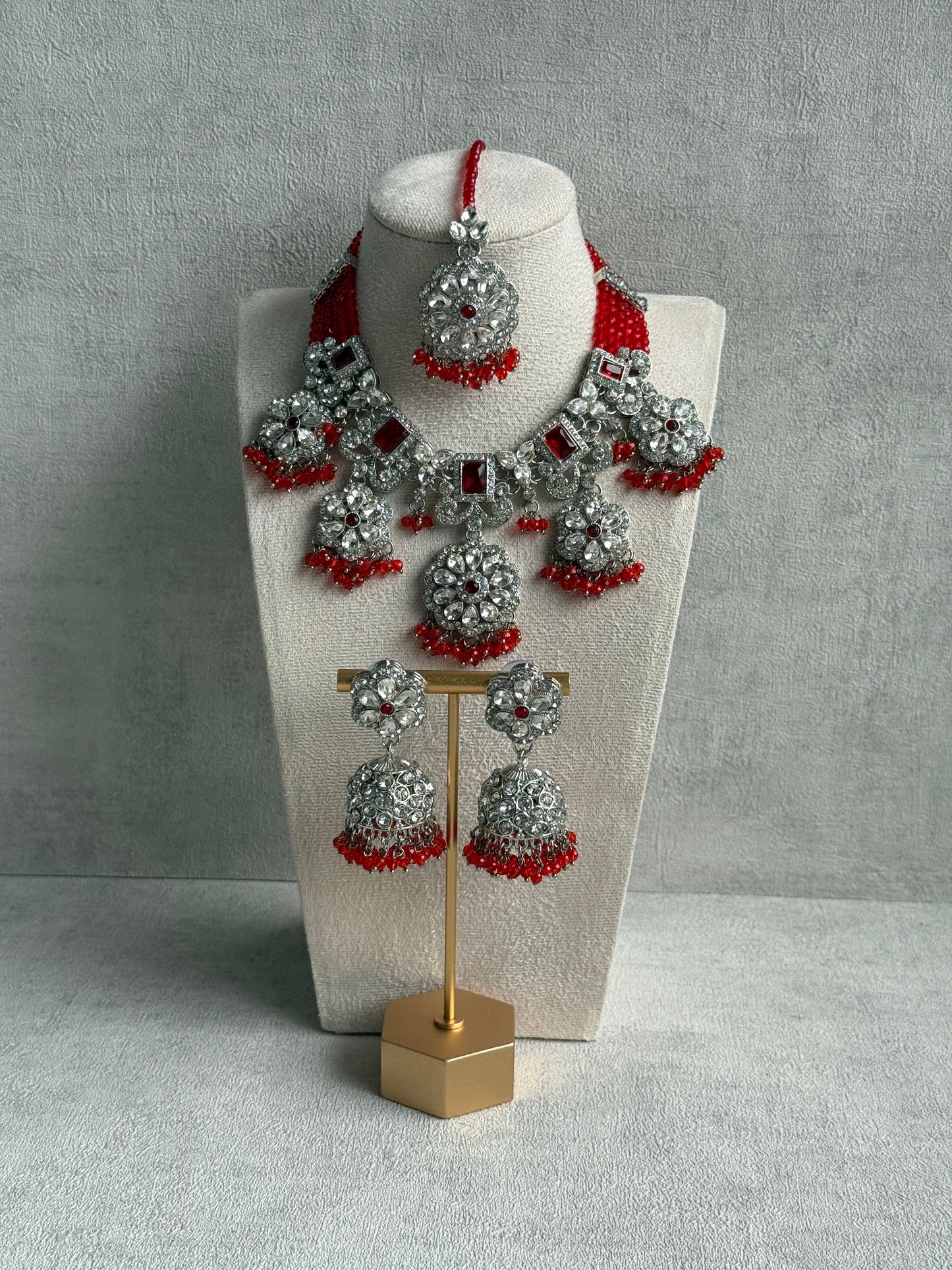 Ayura Designs Zarghuna Set with Jhumkis & Tikka – Orange Beads, Mirror-Cut Stones & Silver Finish