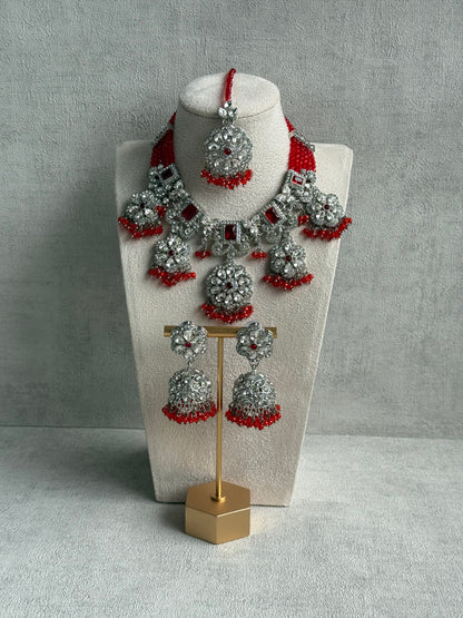 Ayura Designs Zarghuna Set with Jhumkis & Tikka – Orange Beads, Mirror-Cut Stones & Silver Finish