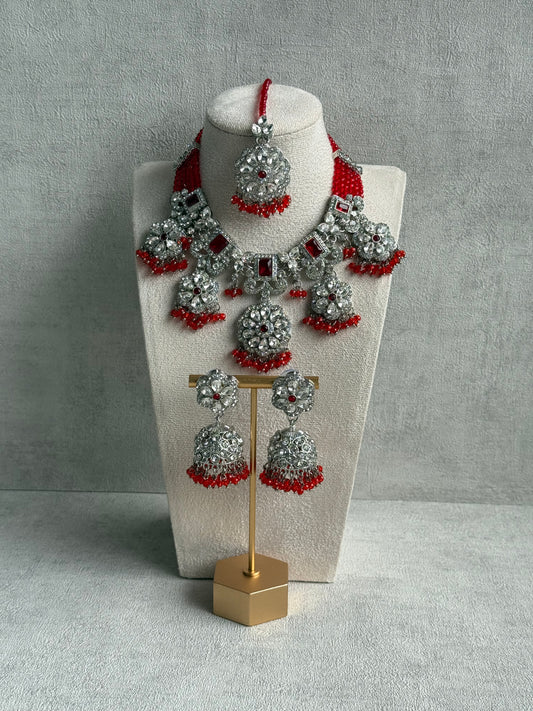 Ayura Designs Zarghuna Set with Jhumkis & Tikka – Orange Beads, Mirror-Cut Stones & Silver Finish