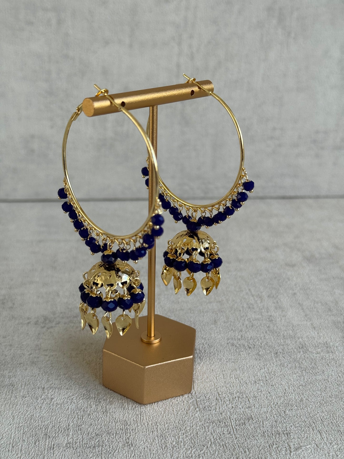 Ayura Designs Pataka Balis – Midnight Blue Crystal Hoop Earrings with Jhumkis