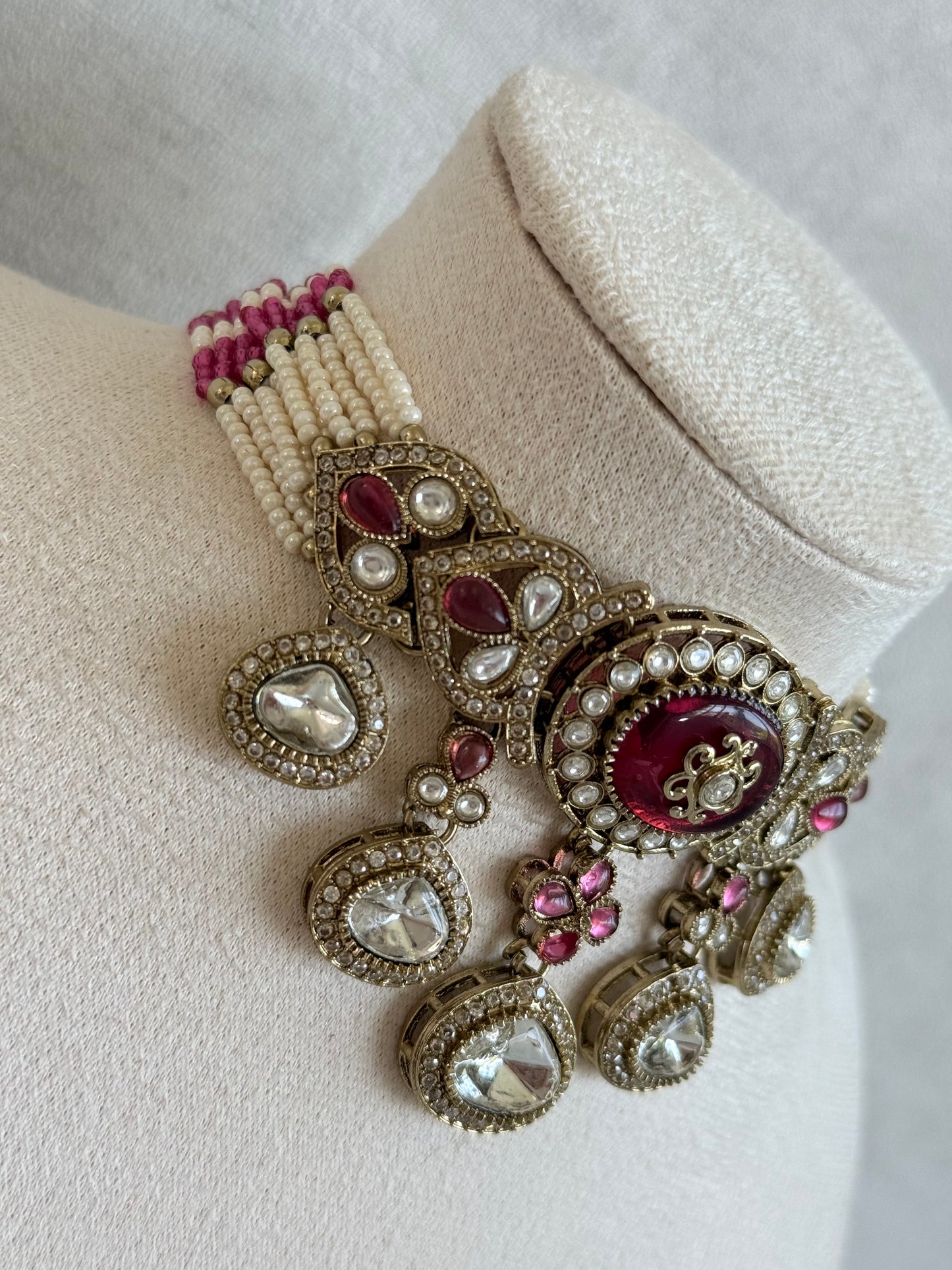 Ayura Designs Myra Choker Set with Earrings & Tikka – Ruby Pink Kundan & Pearl Detailing