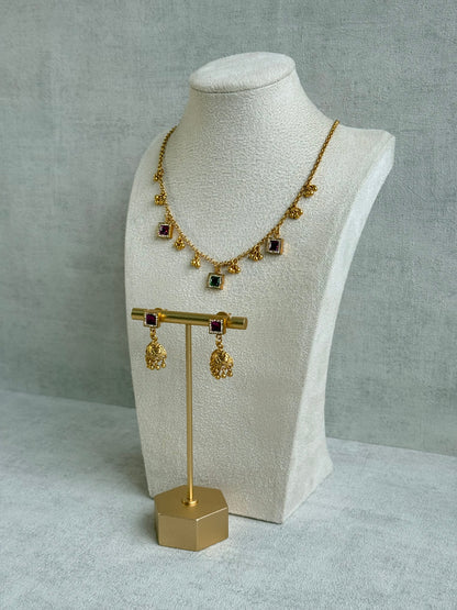 Ayura Designs Smita Set with Necklace & Earrings – Ruby Pink & Emerald Green Stones with Gold-Tone Ghungroo Detailing
