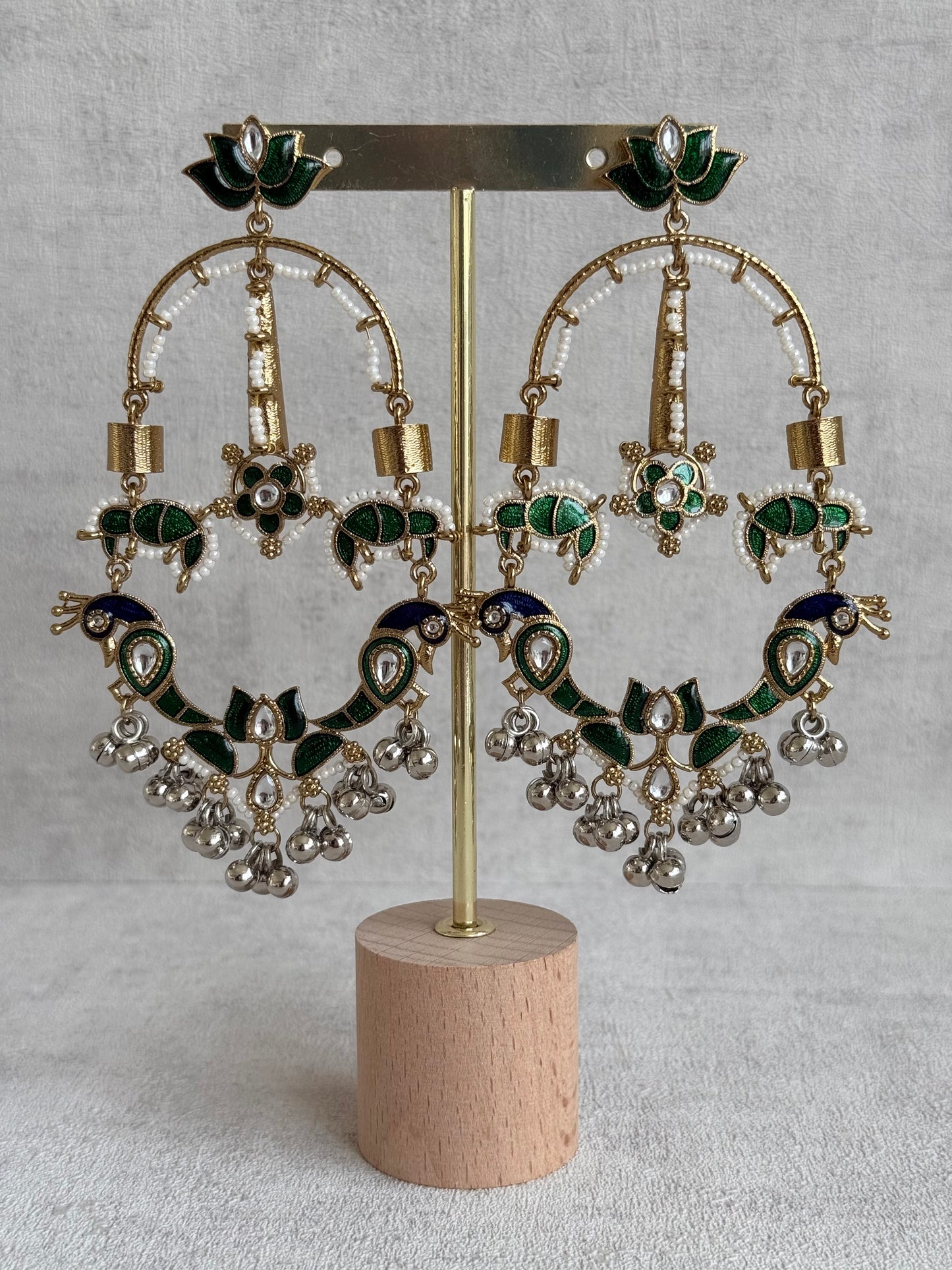 Ayura Designs Zoonpari Earrings – Emerald Green & Blue Meenakari Peacock Chandeliers in Dual Tone with Ghungroos