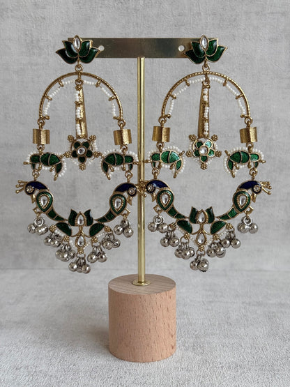 Ayura Designs Zoonpari Earrings – Emerald Green & Blue Meenakari Peacock Chandeliers in Dual Tone with Ghungroos