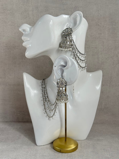 Ayura Designs Aiyana Jhumkis – Silver Mirror-Cut Earrings with Detachable Triple-Layer Pearl Sahare