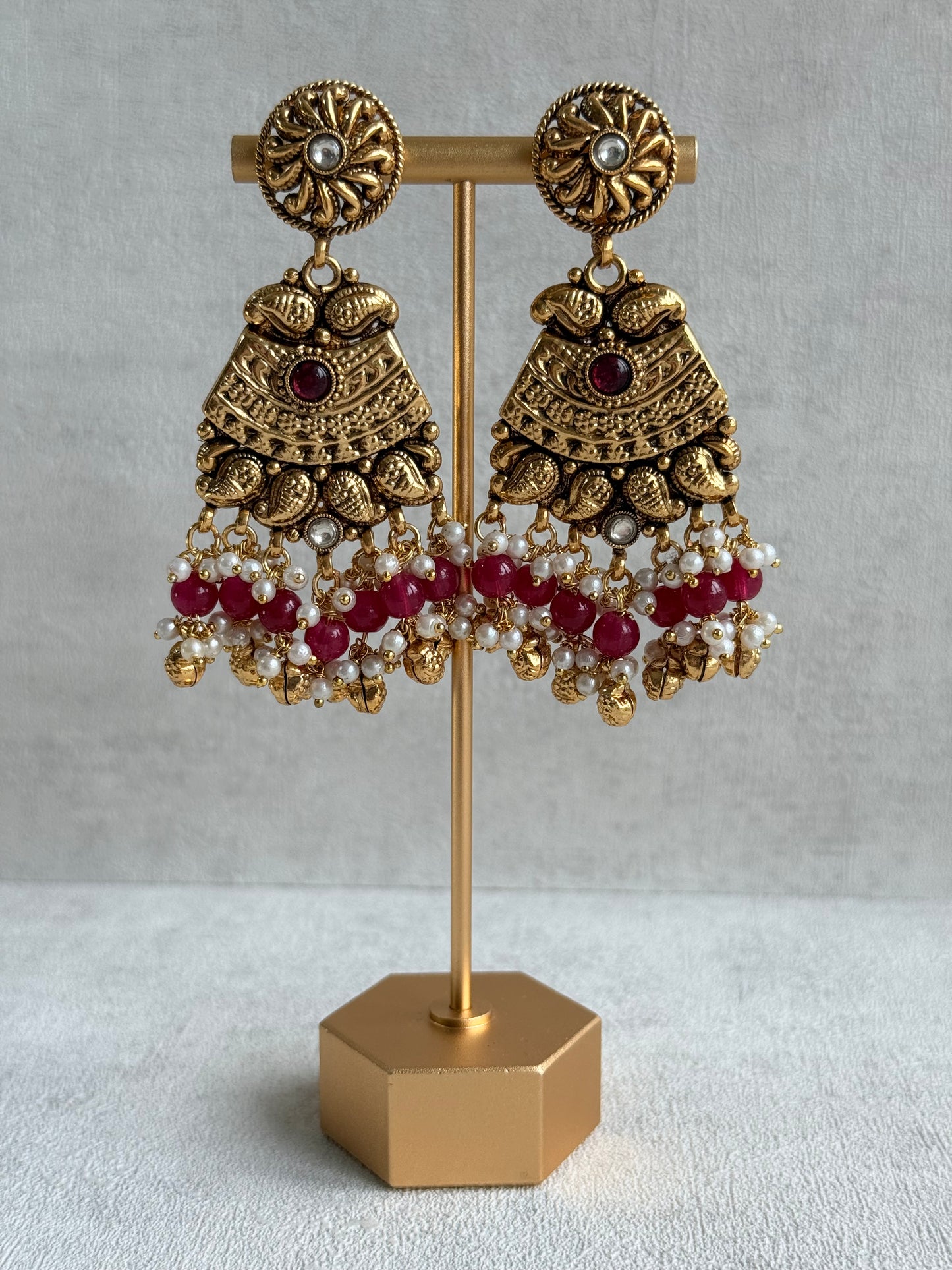 Ayura Designs Sairish Choker Set with Earrings & Tikka – Ruby Pink Beads, Pearl Detailing, Ghungroos, Paisley Motifs & Antique Gold Finish