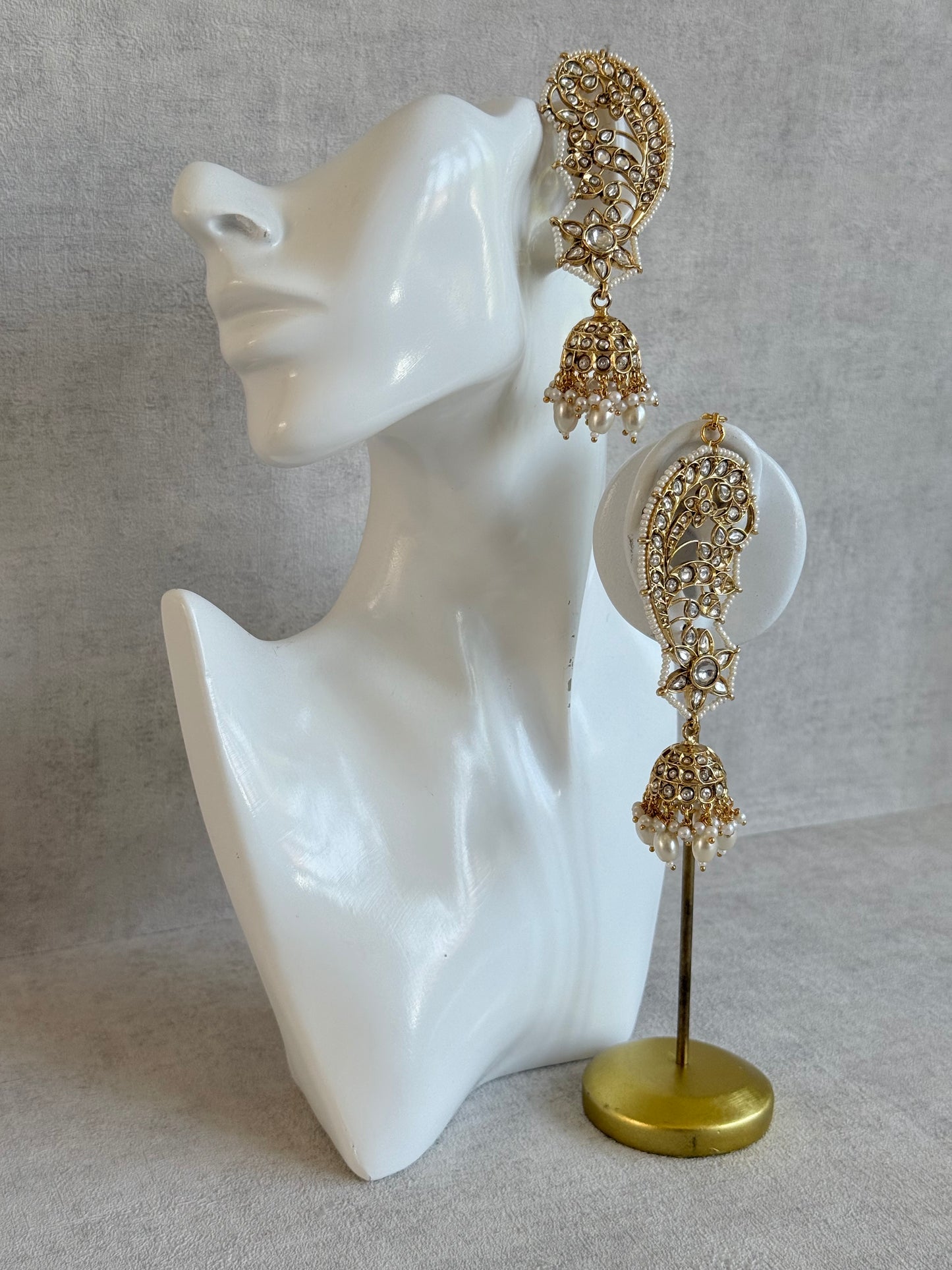 Ayura Designs Urisha Ear Climber Jhumkis – Pearl & Kundan Earrings, Indian Pakistani Bridal Wedding Jewellery