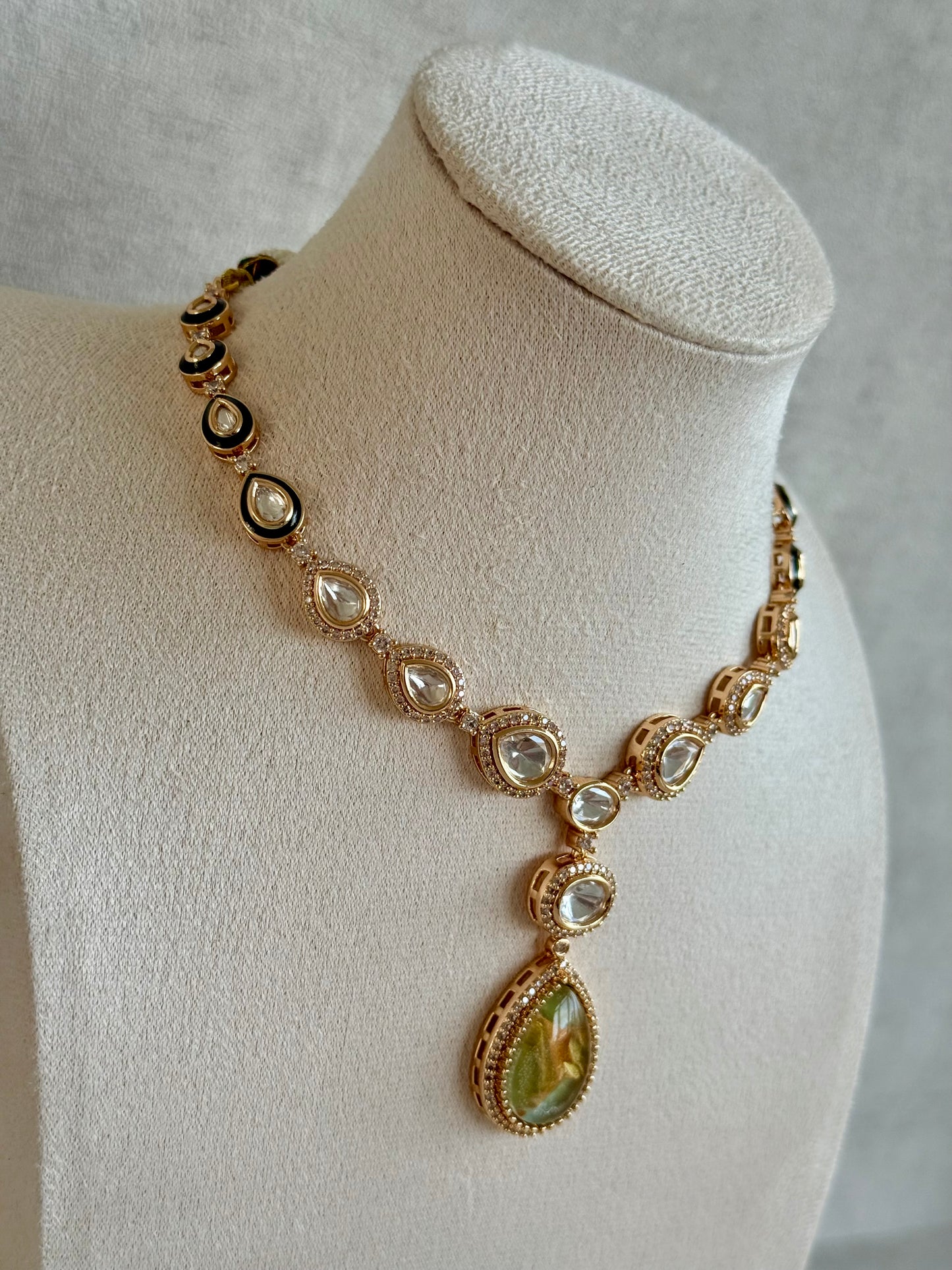 Ayura Designs Lilly Necklace Set with Earrings – Moissanite Stones with Marble Green Teardrop Pendant & Crystal Detailing
