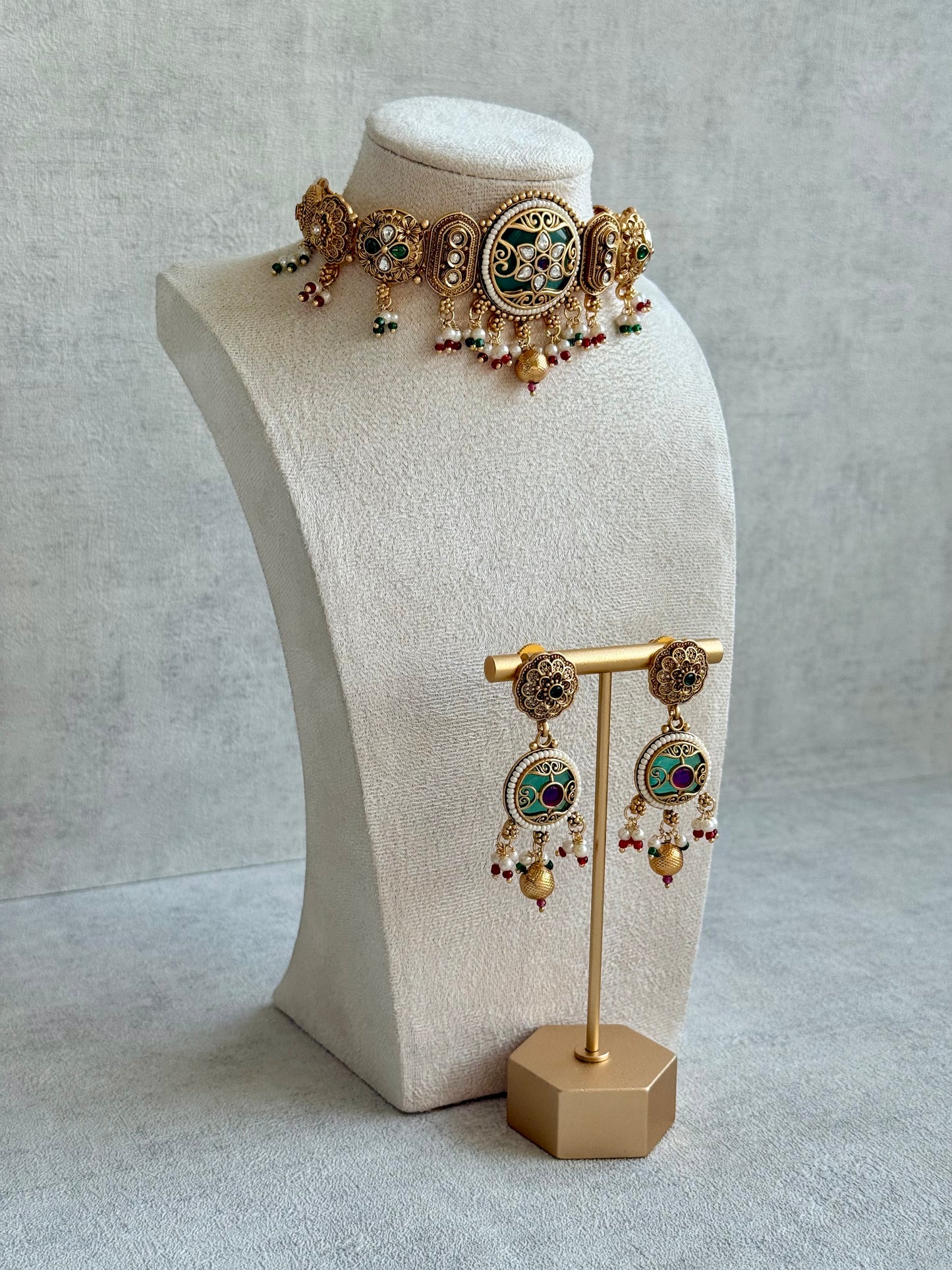 Ayura Designs Haya Choker Set with Stud Earrings – Emerald Enamel with Rani Pink Stones and Pearl Drop Detailing