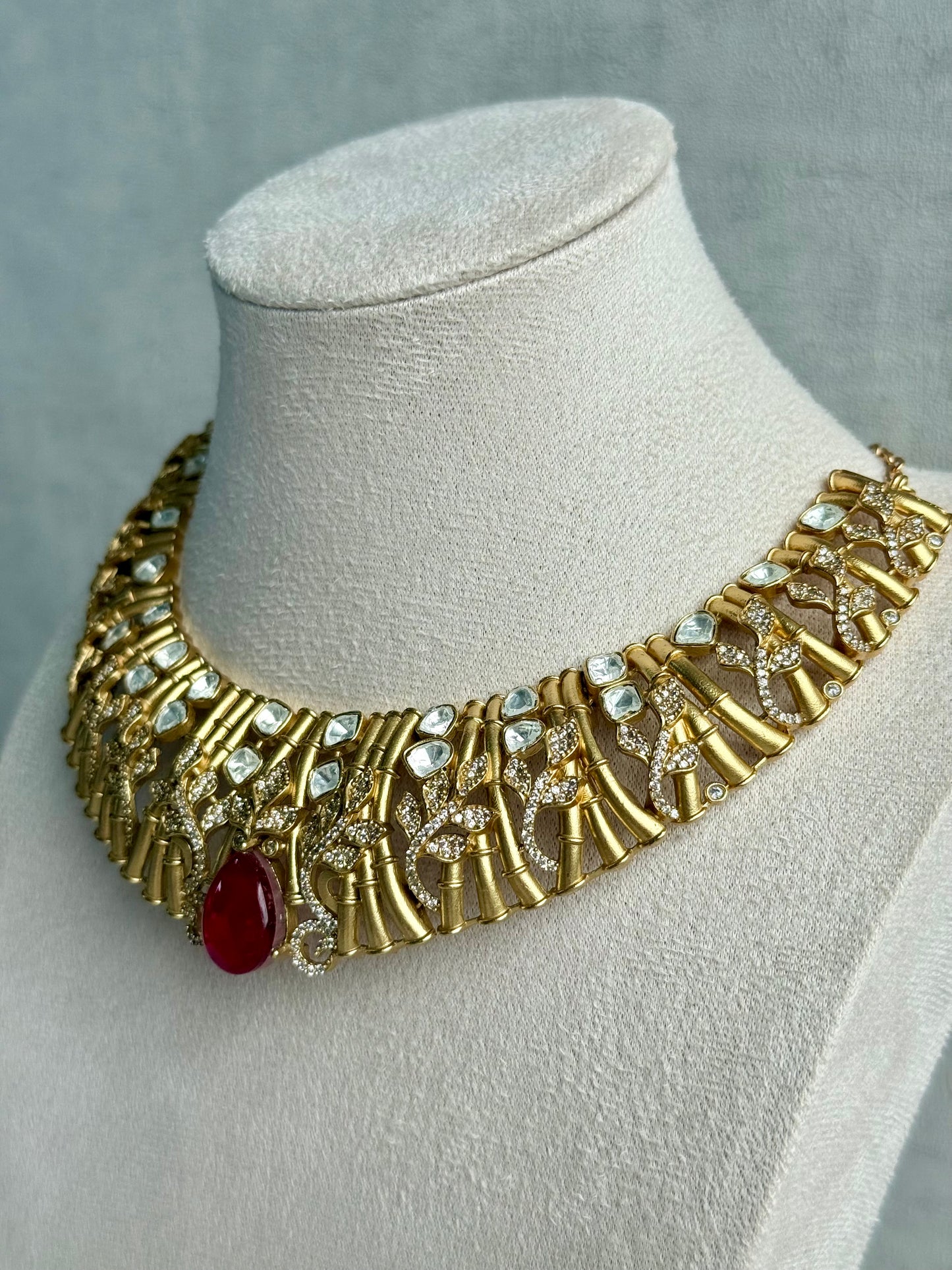 Ayura Designs Rami Collar Set with Jhumkis – Sculpted Gold Collar with Ruby Red Stone and Crystal Detailing