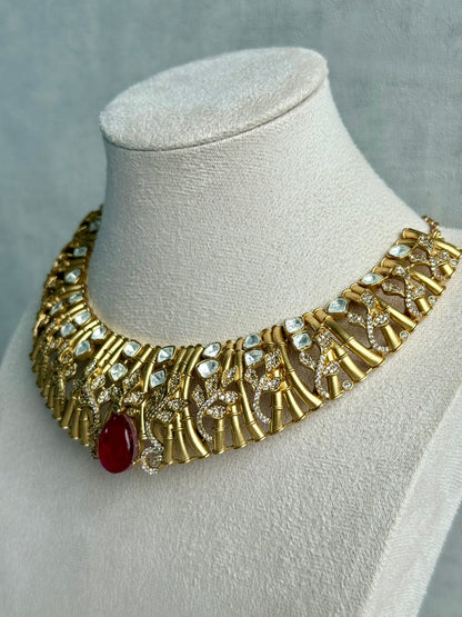 Ayura Designs Rami Collar Set with Jhumkis – Sculpted Gold Collar with Ruby Red Stone and Crystal Detailing