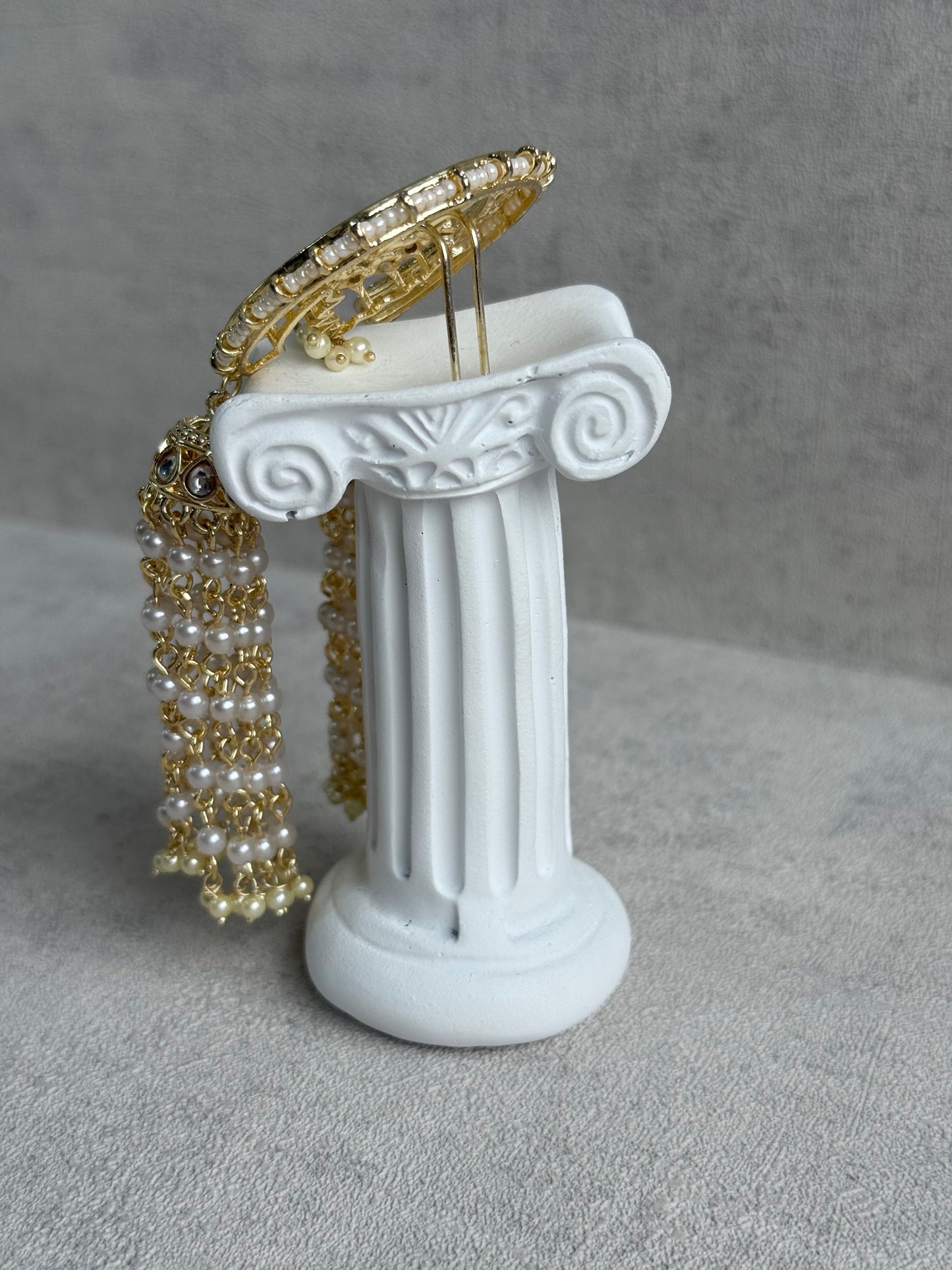 Ayura Designs Kamya Hair Brooch – Polki Crescent with Pearl Tassels in Gold Finish