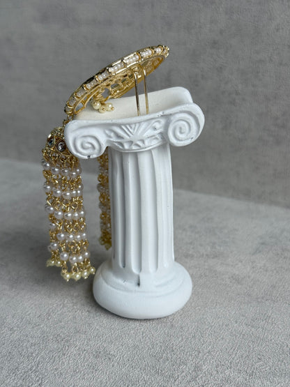 Ayura Designs Kamya Hair Brooch – Polki Crescent with Pearl Tassels in Gold Finish