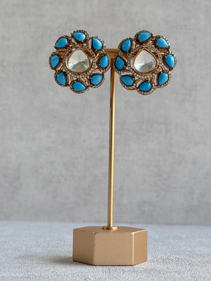 Ayura Designs Giana Stud Earrings – Turquoise Blue & Crystal Kundan with Gold Finish