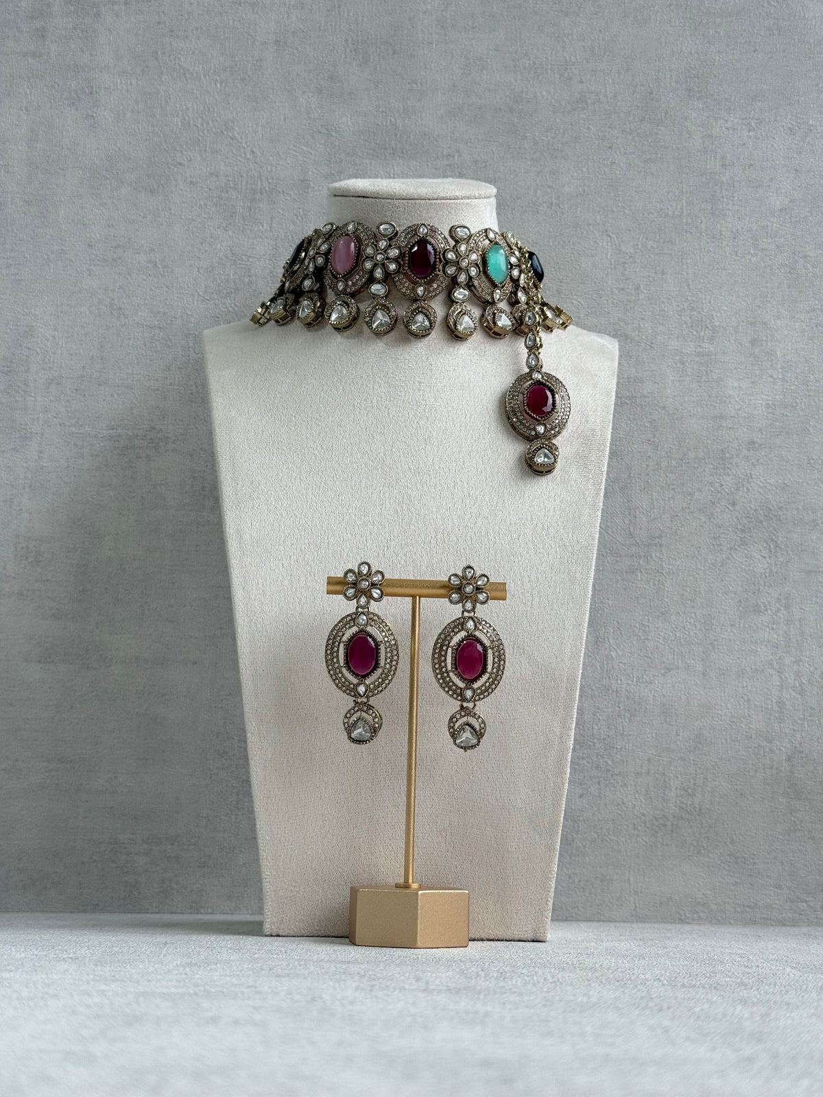 Ayura Designs Emanya Choker Set – Choker, Earrings & Tikka with Mirror-Cut Stones, Multicolour & Antique Gold Detailing