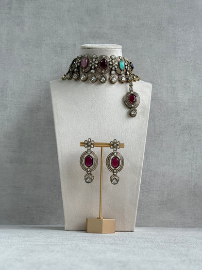 Ayura Designs Emanya Choker Set – Choker, Earrings & Tikka with Mirror-Cut Stones, Multicolour & Antique Gold Detailing